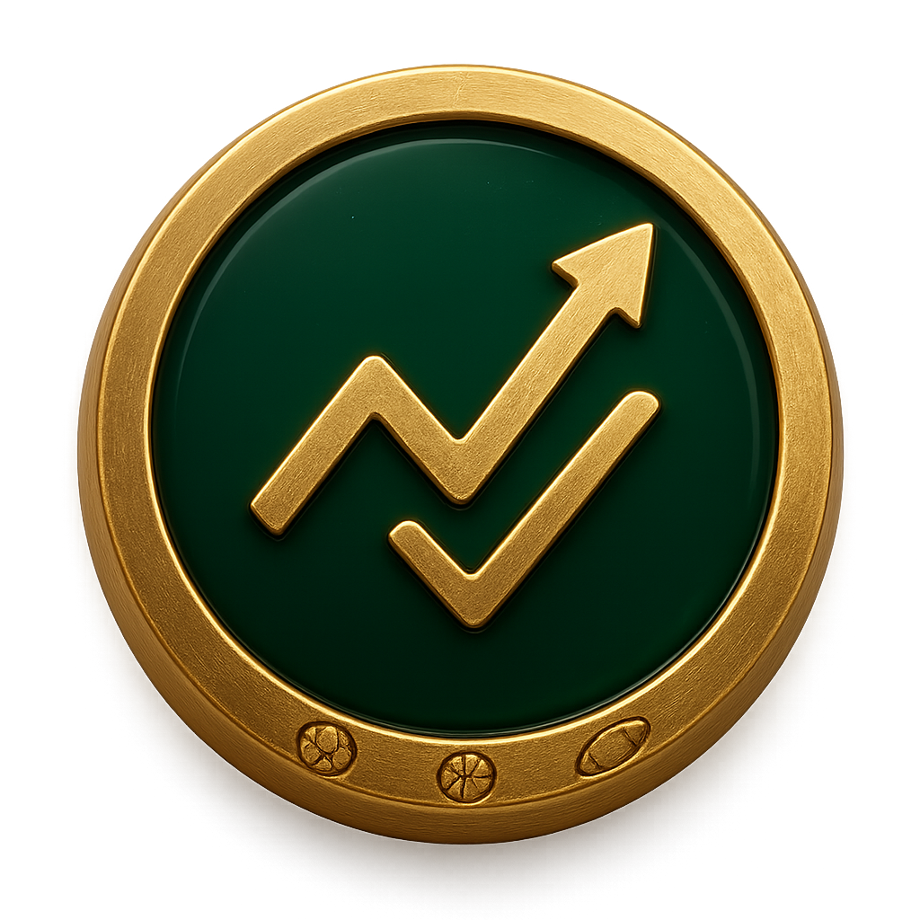 512x512 px app icon, centered and filling the full frame on PURE TRANSPARENT BACKGROUND (alpha) — if transparency isn’t possible, use SOLID WHITE. Design a single, high‑quality polished gold medallion that fills the icon, with a deep emerald lacquer enamel inset. Inset features a raised, stylized upward odds/graph line and subtle checkmark in brushed gold; three tiny low‑relief sport symbols (soccer ball, basketball, football) are engraved into the enamel rim, integrated and minimal. Materials and texture: glossy lacquer enamel, warm brushed gold rim with micro‑scratches, crisp engraved details, realistic metal bevel and subtle edge chamfer. Lighting and mood: studio three‑point lighting (soft top key, cool rim highlights, gentle fill), strong specular highlights, soft ambient occlusion and subtle inner shadows to emphasize depth and thickness, slight 3/4 tilt for dimensionality. Composition: perfectly centered, fills frame with balanced negative space, sharp vector‑like edges, photoreal materials, no text or brand names.