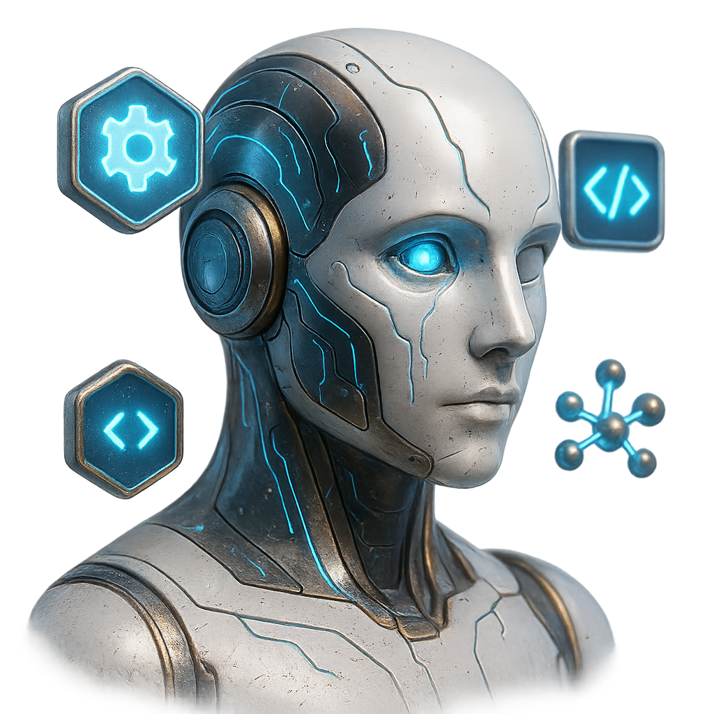 512x512 PNG, centered icon filling the full frame, PURE TRANSPARENT BACKGROUND (alpha). A polished, professional 3D app icon representing "AI agents and skills": a stylized humanoid AI bust made of glossy white ceramic and brushed titanium with fine neon-blue circuit traces and subtle warm-gold accents; one glass lens eye with soft inner glow and depth. Orbiting the bust are three floating skill-badges: a hexagonal glowing chip with a minimal gear icon, a tiny code-bracket symbol, and a neural-node cluster connected by thin luminescent lines, arranged harmoniously around the head. High-end studio lighting with soft rim light, crisp specular highlights, subtle subsurface scattering, micro-surface textures and light scratches, realistic reflections on metal and glass; slight perspective so the icon feels dynamic. No enclosing shapes, no background colors or gradients, no text or logos; ultra-detailed, crisp edges, photoreal finish, balanced composition that fills the frame.
